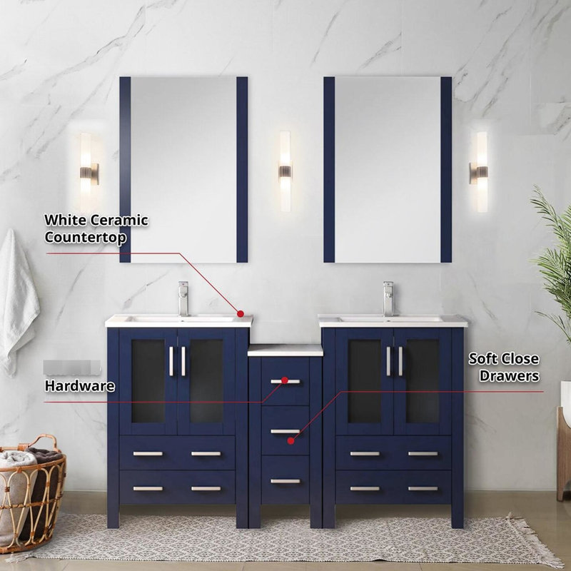 Meuble-lavabo double 60 po bleu marine Largeur, avec armoire latérale, robinet, surface en céramique blanche, 22 miroirs, design bleu, double meuble-lavabo, largeur 60, armoire latérale, 22 miroirs, zéro