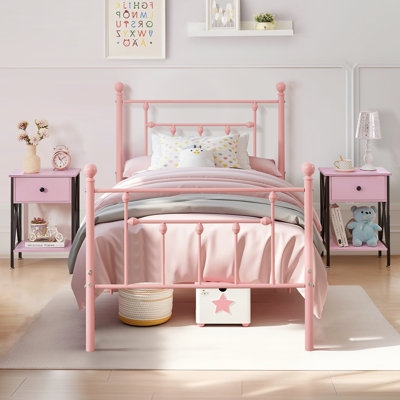 Ensemble de chambre à coucher 3 pièces avec lit plateforme simple rose et ensemble de table de chevet et de table de chevet rose 2 pièces