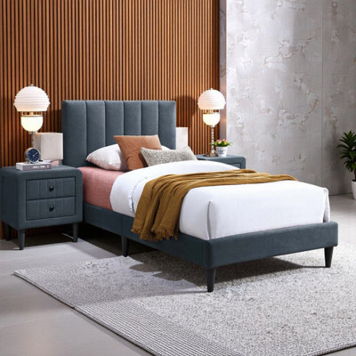 Twin Bed with Adjustable Headboard - Modern Upholstered Platform Bed in Brushed Linen, Charcoal