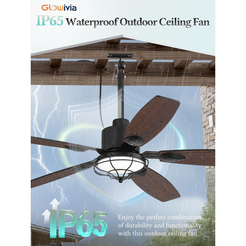 Ventilateur de plafond étanche de 52 pouces pour gazebo d'extérieur avec lumière DEL et télécommande, Noyer brun