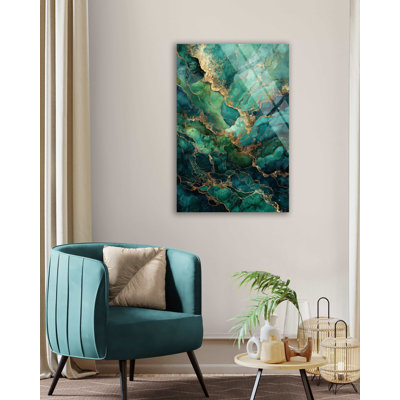 Emerald Green Tempered Glass Wall Art, Gold Veined Fluid Alcohol Ink Painting, Modern Abstract Agate Marble Print, Large Luxury Office Decor