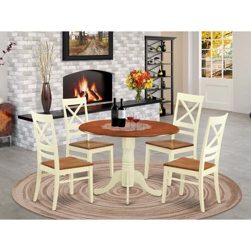 5 Piece Dining Table Set for 4 Includes a Round Kitchen Table with Dropleaf and 4 Dining Room Chairs, 42x42 Inch, Buttermilk & Cherry