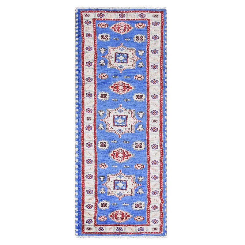 Tapis d'intérieur oriental noué à la main, en soie et laine blanc aqua, Tapis de couloir 2 pi 6 po x 10 pi