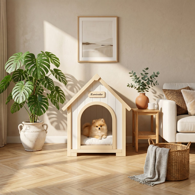Niche pour chien en bois de cèdre massif avec coussin pour petits chiens