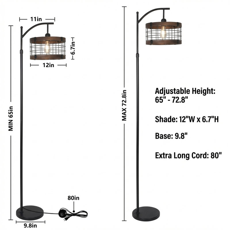 Lampe sur pied rétro avec abat-jour en bois massif et fer forgé