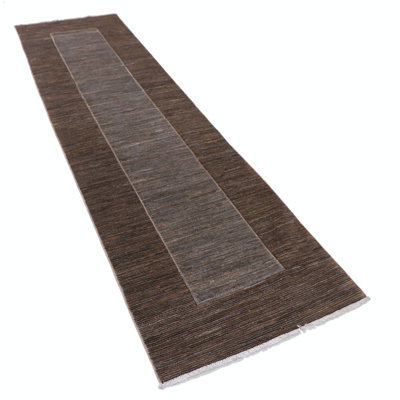 Tapis de couloir brun et gris en laine noué à la main 2,7 x 9,7 pi, tapis d'escalier minimaliste moderne