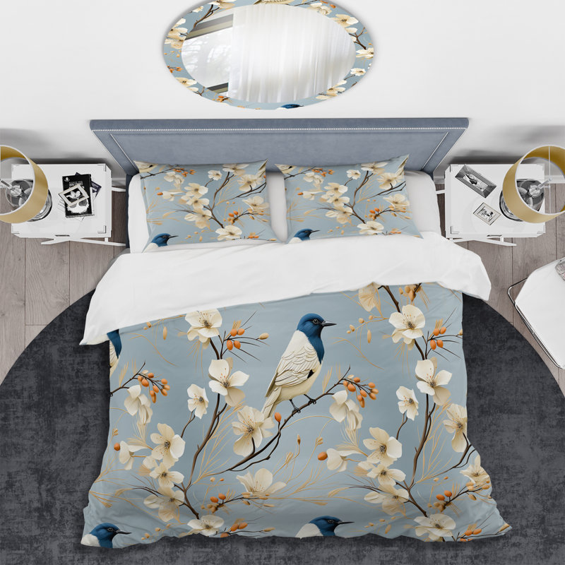 Ensemble de housse de couette à motif floral bleu et blanc Minimalist, Housse de couette simple + 1 taie décorative stan