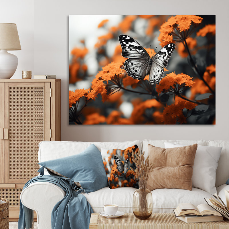 Papillon noir corail flottant grâce sur toile, Cadre flottant noir, H 30 po x l 40 po x P 1,5 po