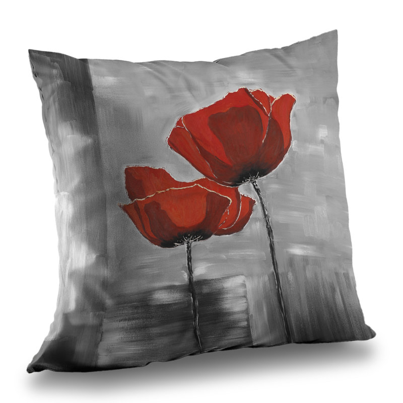 Two Red Flowers on Grayscale Background - Floral Throw Pillow