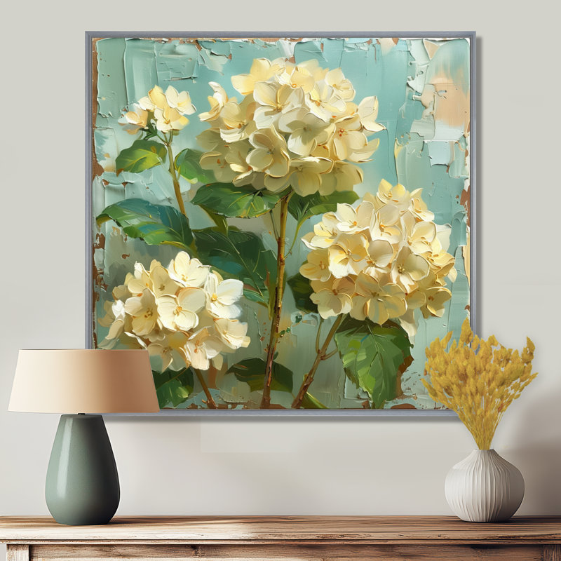 Décoration florale rétro hortensia beige rétro II - Hortensia, Encadrement argenté, H 36 po x l 36 po