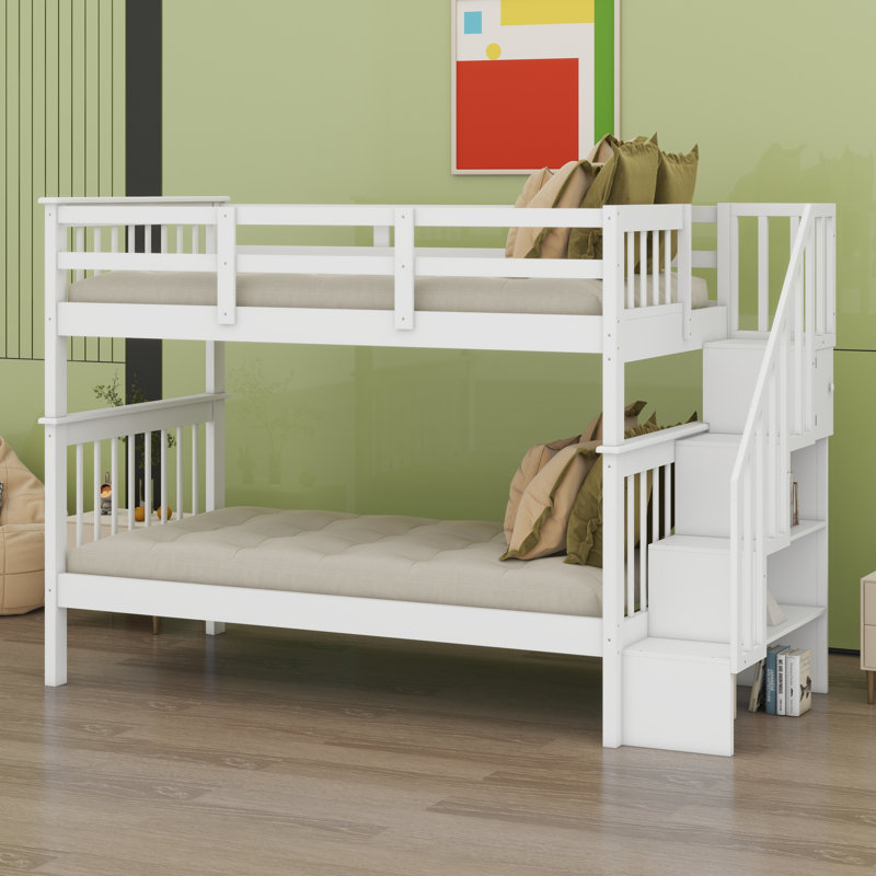 Lit superposé d'escalier avec rangement et garde-corps pour chambre à coucher, dortoir, blanc