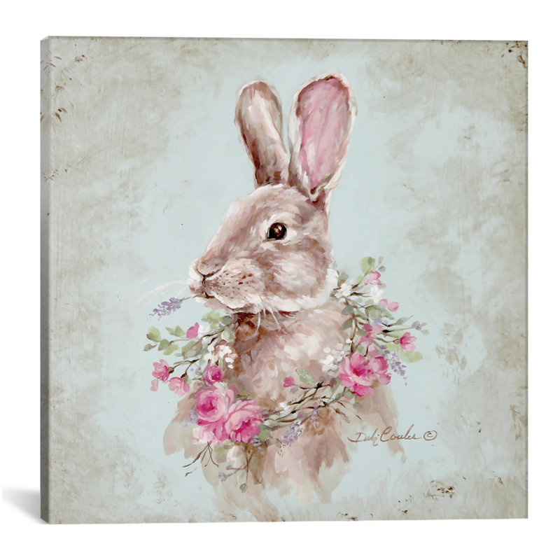 Bunny with Wreath - Reproduction d'art sur toile, H 18 po x l 18 po x P 1,5 po, Toile tendue, Pas de tapis