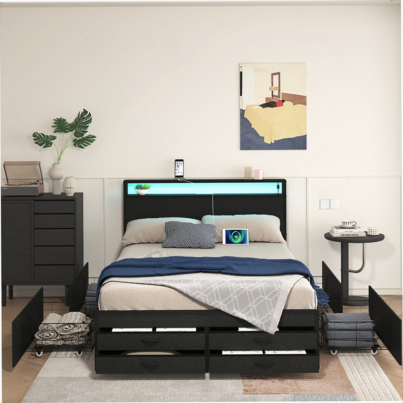 Queen Size Bed Frame With 8 Storage Drawers, LED Headboard With Charging Station, Metal Platform Bed Frame, No Box Spring Needed, Noise-Free, Stable And Solid, BLACK