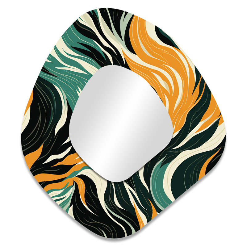 Jungle Majesty en orange et vert I - miroir asymétrique abstrait, miroir mural unique de forme unique orange, impression d'art en métal