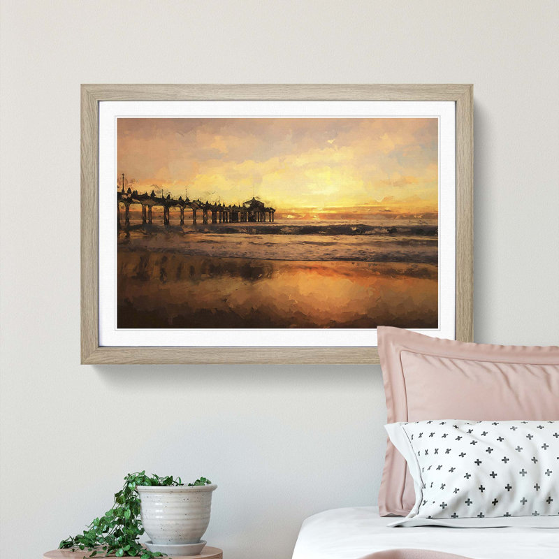 Sunset Behind the Pier in Abstract - Picture Frame Painting Print, 62cm H x 87cm W x 2cm D, Oak Framed