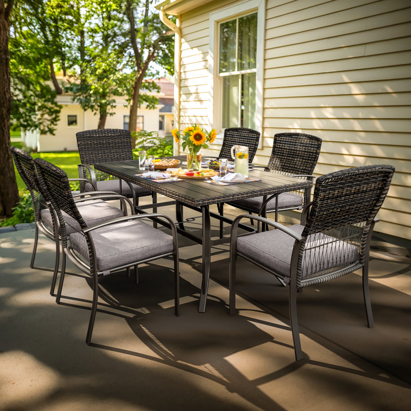 6 - Person Wicker Patio Dining Set With Rectangular Table, Cushions Included, Gray, Gray