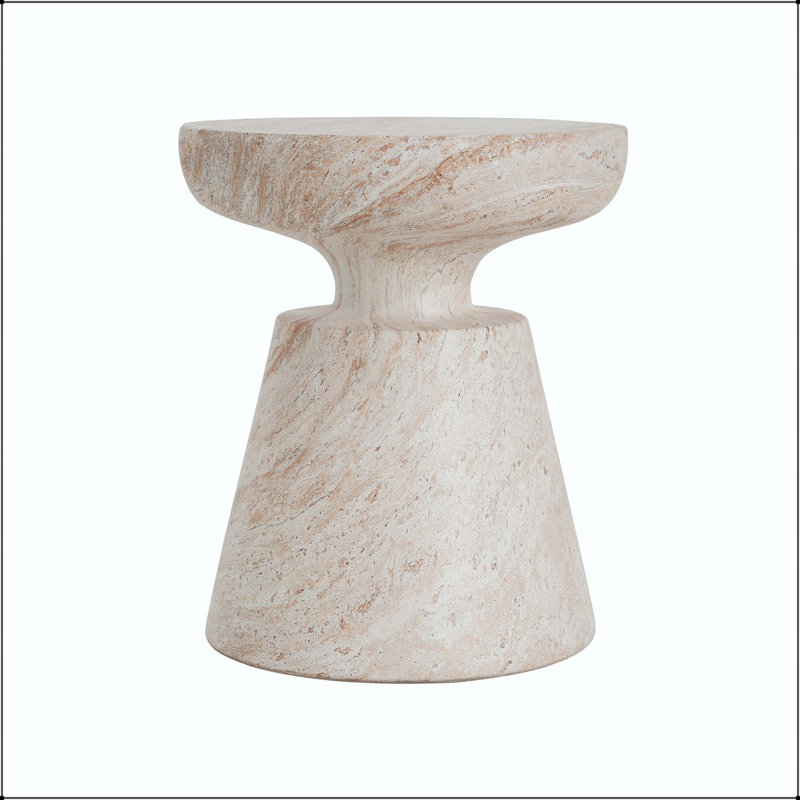 Table d'appoint d'extérieur / d'intérieur en béton léger avec base piédestal et plateau demi-sphère - finition travertin