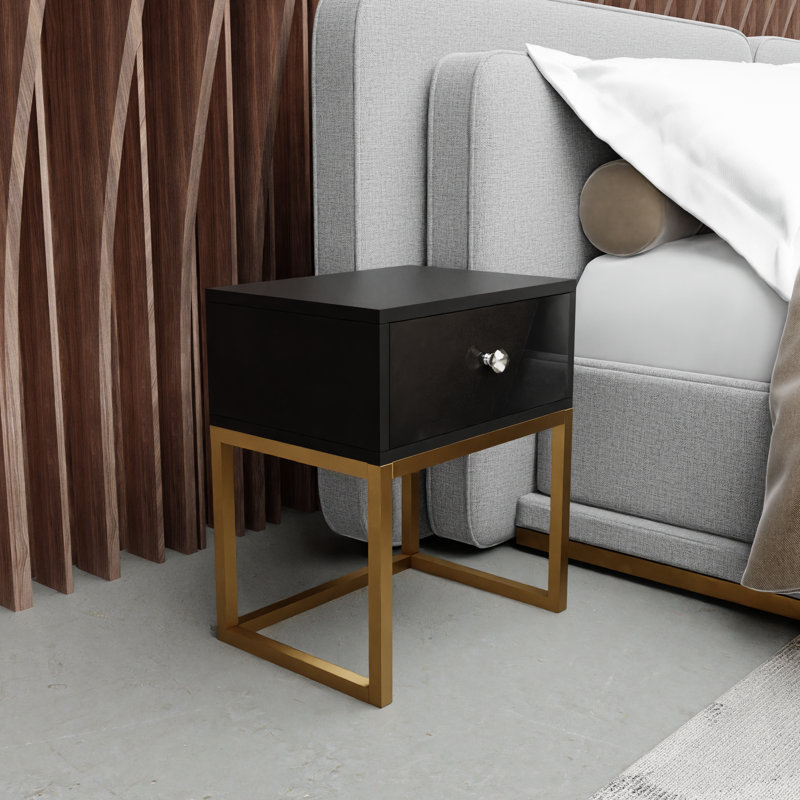 Centreville 40cm W Metal Bedside Table, Glossy Black/Gold