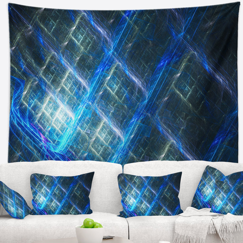 Tapisserie abstraite bleue brillante fractale, H 68 po x l 80 po