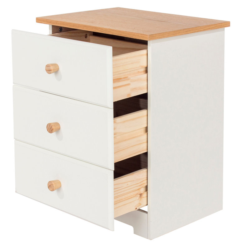 Ainsa 3-Drawer Bedside Table, Soft White Painted with Oak Effect Top