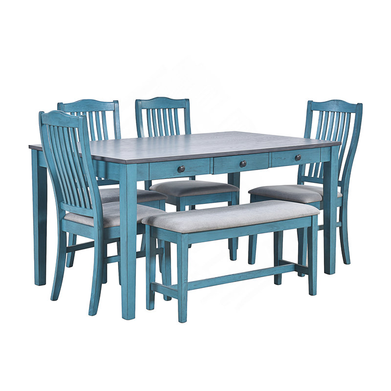 Ensemble de table de salle à manger Mid-Century en bois 6 pièces avec tiroir, chaises rembourrées et banc pour espaces compacts
