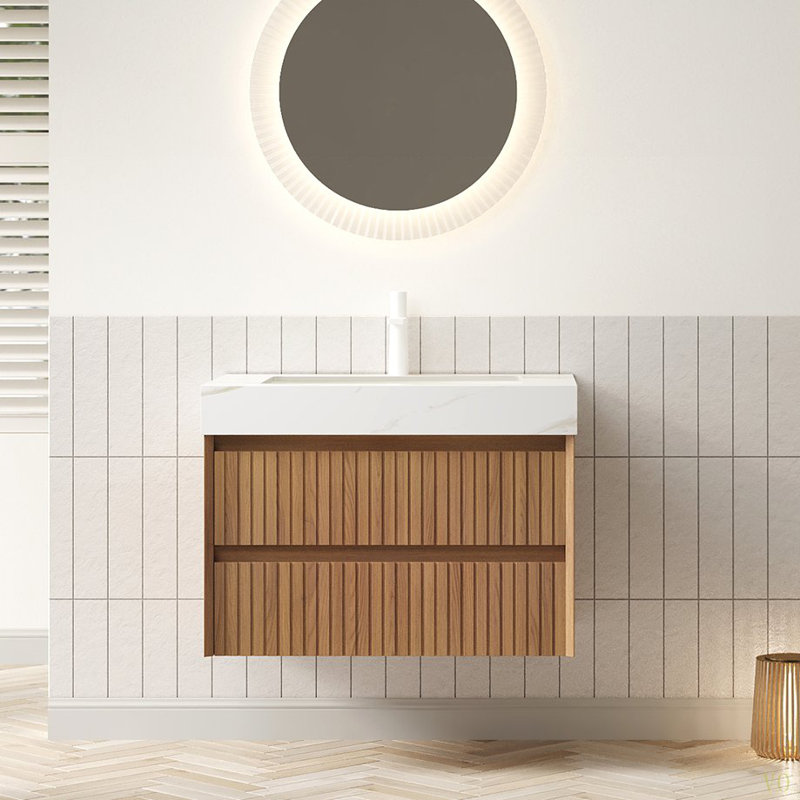 Meuble-lavabo 30 po, armoire de rangement murale en contreplaqué à rayures avec 2 tiroirs, plateau en pierre Calacatta Sinte avec lavabo encastré en céramique, pré-assemblé