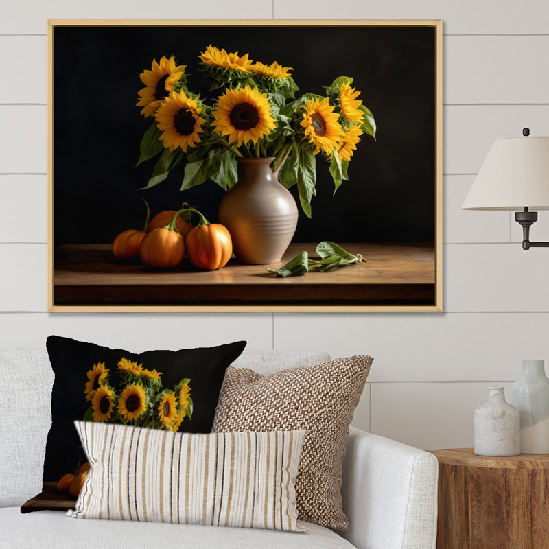 «Golden Sunflower Still Life I», reproduction sur toile, H 30 po x l 40 po x P 1,5 po, Cadre naturel flottant