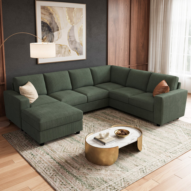 Abramson U-shaped Modular Corduroy Sectional Sofa With Storage Ottoman Green, Green Corduroy, 33.9" H x 102.4" W x 79.9" D