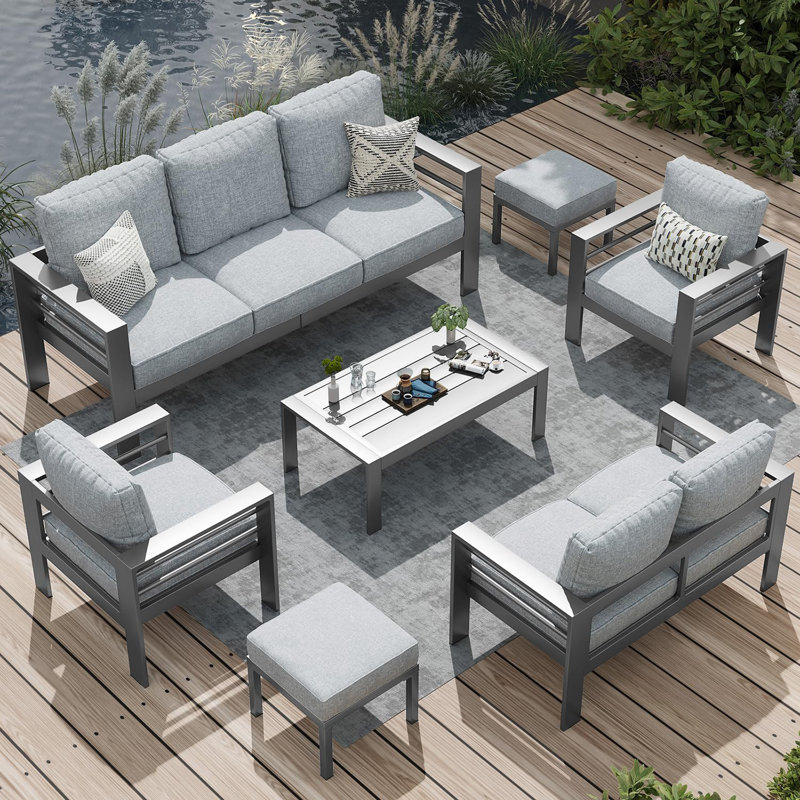 Modern Outdoor Patio Furniture With Coffee Table And Fire Pit, Black, Light Gray