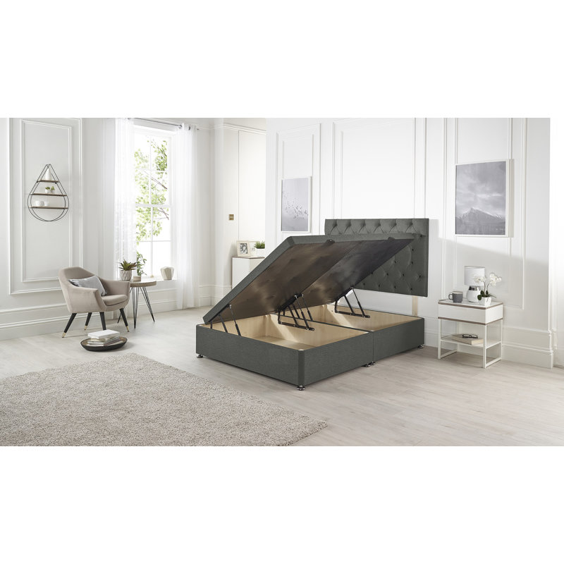 Orchid Side Lift Ottoman Divan Bed Base with Upholstered Headboard, Small Double (4'), Black Plush Velvet