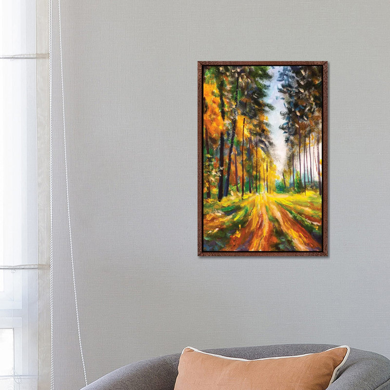 Autumn Spring Forest In Morning Sunlight by Valery Rybakow - Painting on Canvas, Brown Framed Canvas, 66.04 cm H x 45.72 cm W