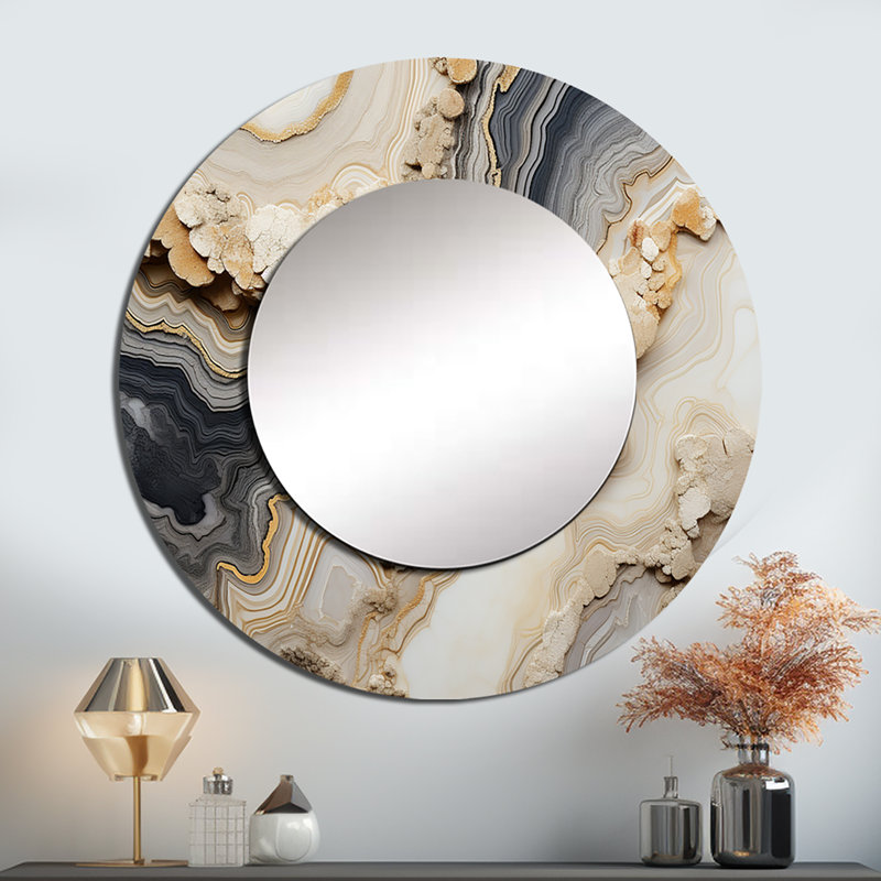 Gris et orange minimalisme pierre géode - pierre géode miroir, miroir mural rond beige, 36 po x 36 po