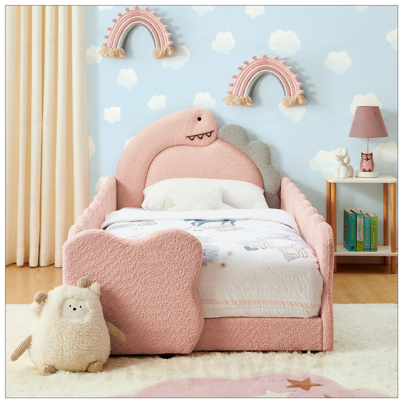 Lit simple pour enfant en forme de dinosaure avec barrières de sécurité, structure en bois massif et tissu bouclé pour un sommeil confortable
