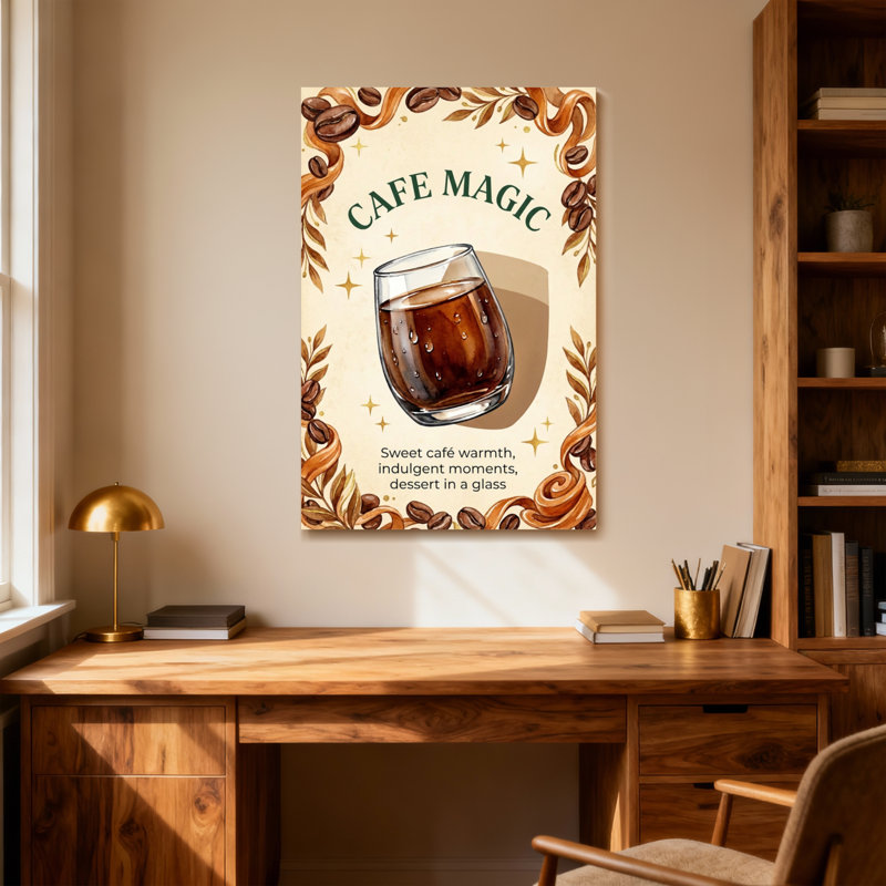 Fashion Cafe, grains de café magiques, feuilles, étoiles, verre, boisson, H 48 po x l 32 po