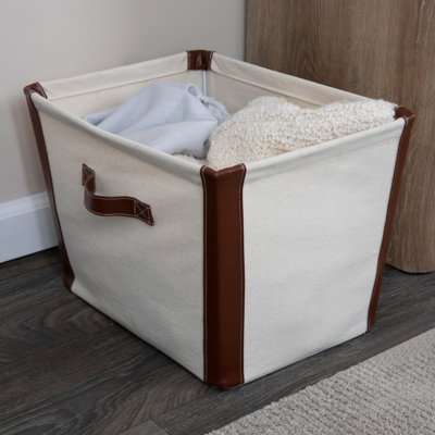 Cream Canvas Storage Bin with Vegan Leather & Iron Trim