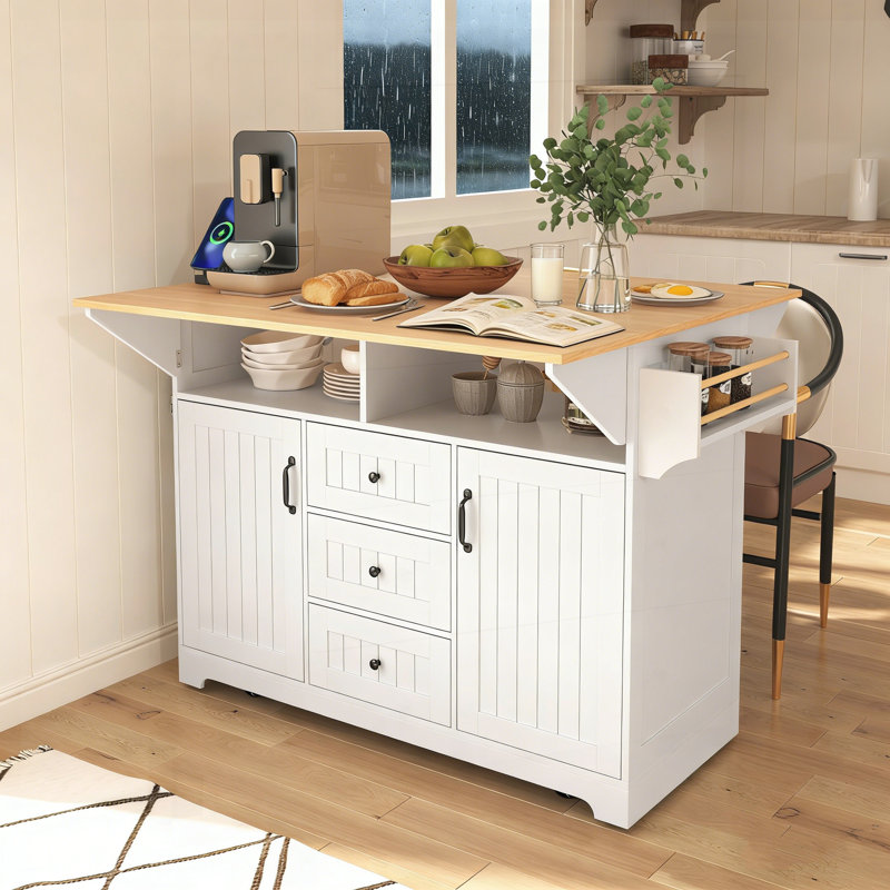 55.7'' Multifunctional Kitchen Island with Dual Drop Leaf, Power Outlet, and Ample Storage for Dining, Cooking, or Work