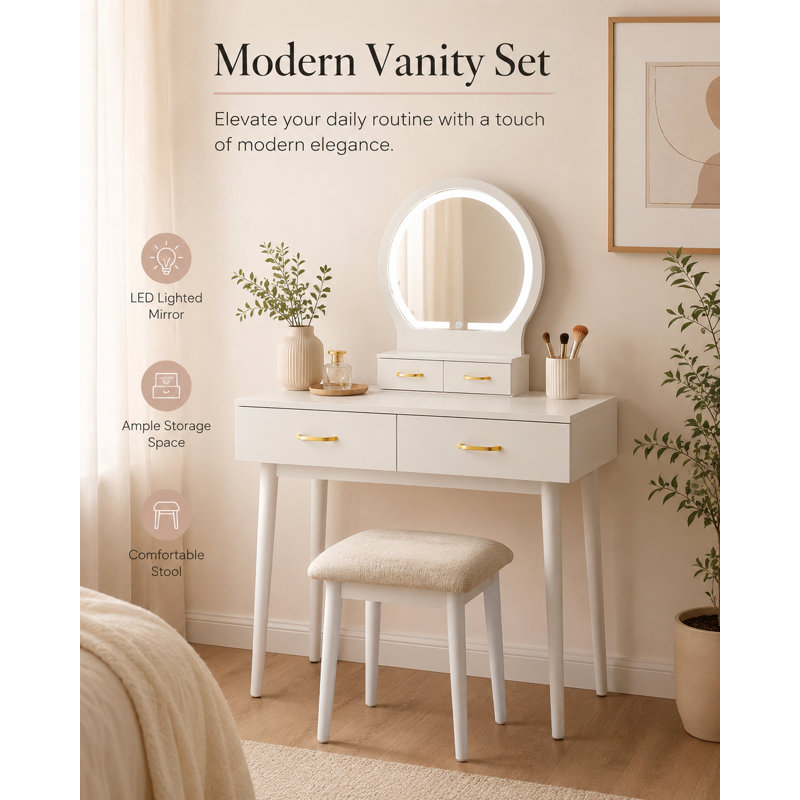 Kamila 4-Drawer Modern Makeup Vanity Set · LED Smart-Touch Mirror · Padded Stool, White
