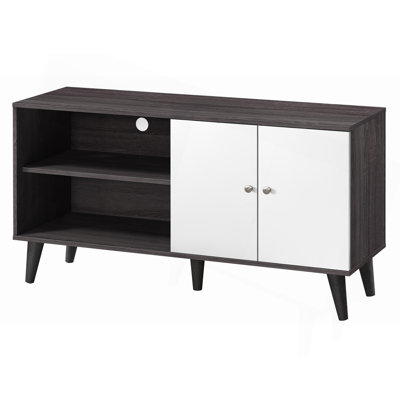 Meuble télé pour téléviseur de 47,3 po ou moins, avec 2 tablettes de rangement et 1 armoire, centre de divertissement moderne pour téléviseur dans le salon en gris foncé + blanc