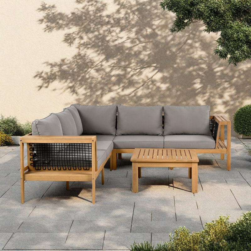 5 - Person Acacia Solid Wood Seating Group With Cushions, Outdoor Sectional Sofa Set, Gray, Natural 