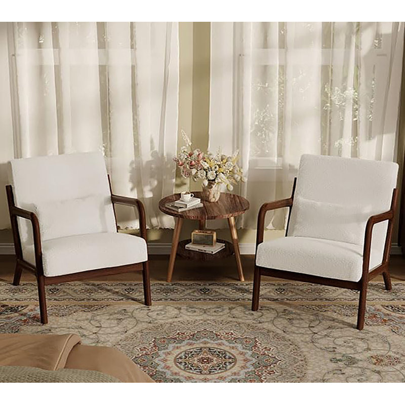 Ensemble de 2 chaises d'appoint Mid-Century, fauteuil rembourré, coussin lombaire, Polyester beige
