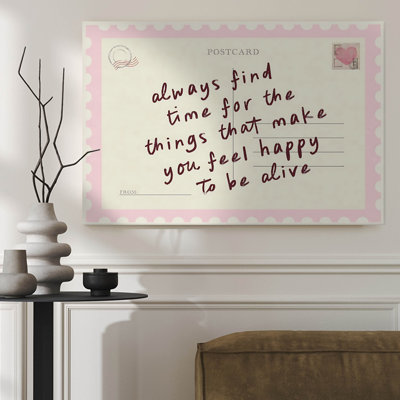 1Pc Framed Canvas Poster Print, Vintage Postcard Pink and Cream Wall Art for Bedroom Living Room