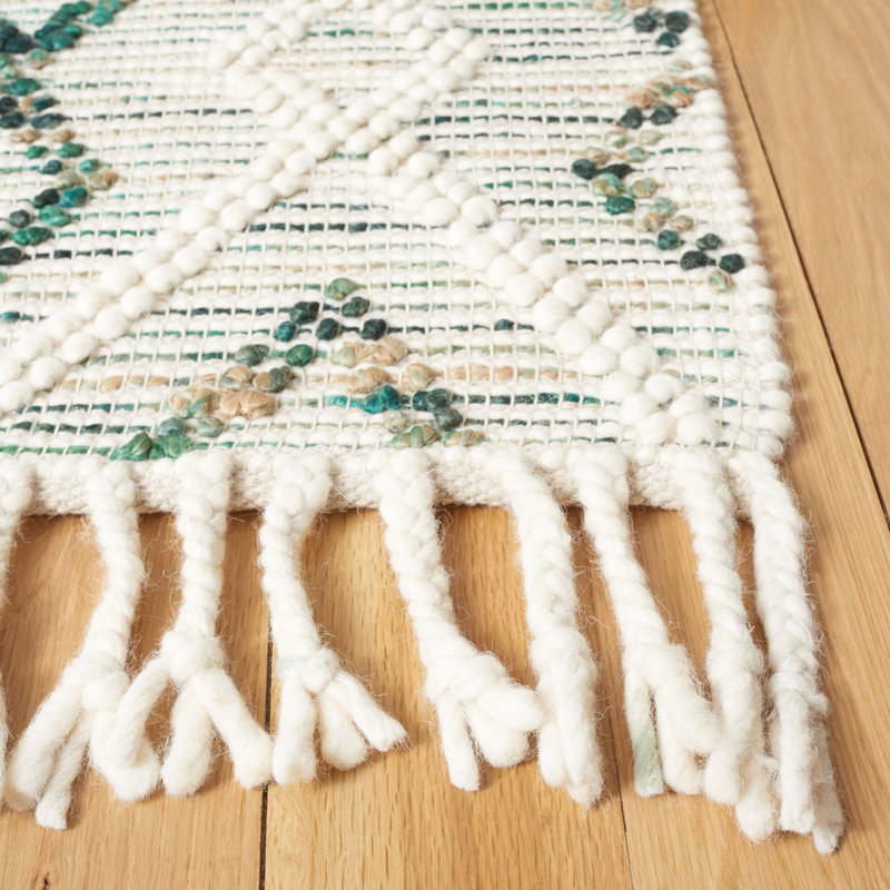 Honeyville Hand Loomed Wool/Jute/Cotton Geometric Rug in Ivory/Emerald, Rectangle 5' x 8'