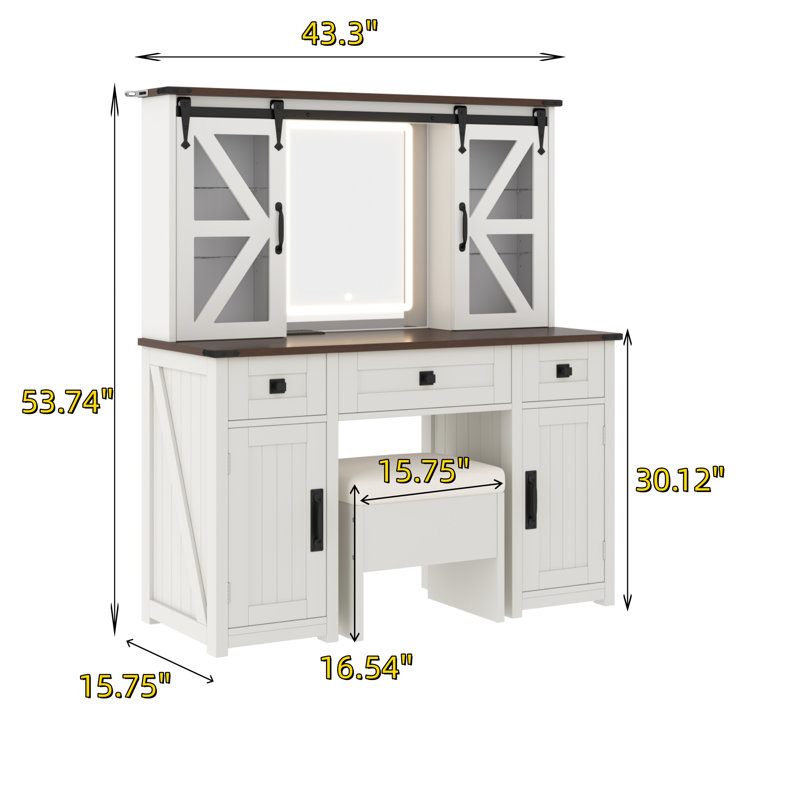 Lighted Vanity Mirror With Storage Stool And Charging Station