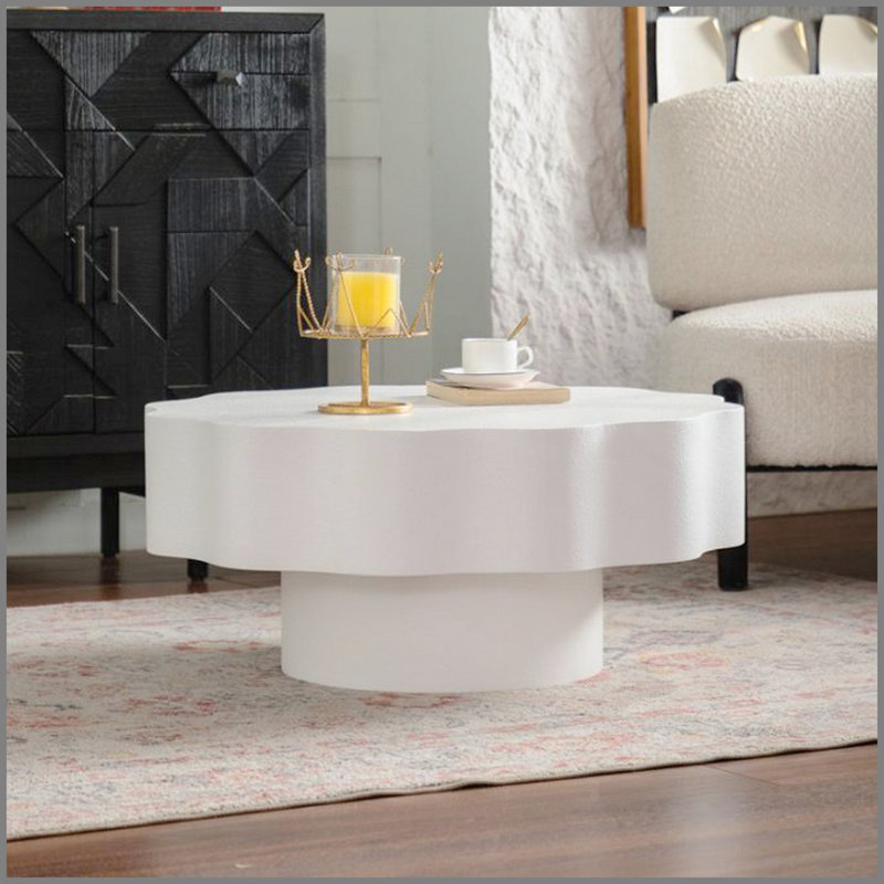 Table basse festonnée blanche: forme unique à bord ondulé, pièce centrale élégante pour des espaces élégants, Blanc