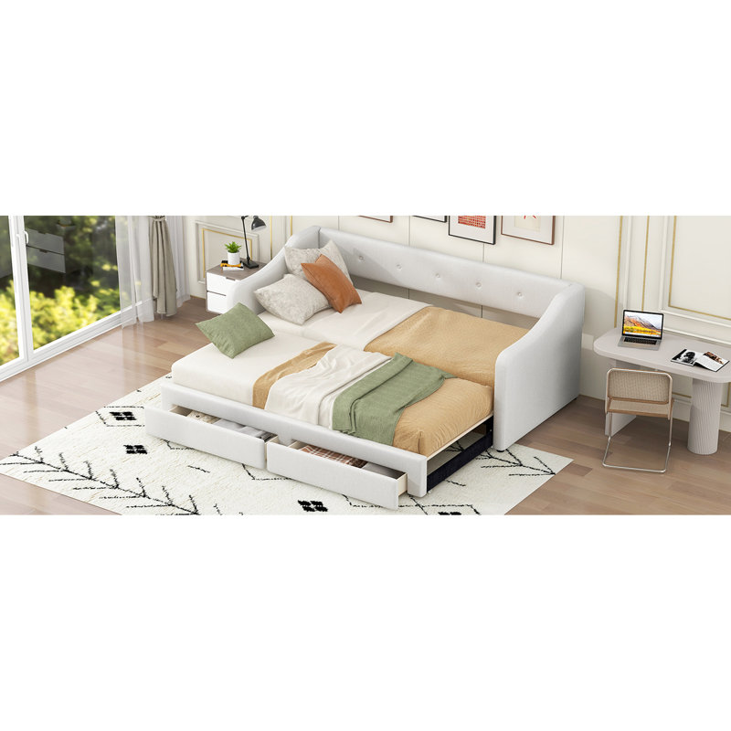 Twin Xl To King Beige Upholstered Daybed With Two Drawers, Stylish Buttoned Design On Back And Drawer, Comfort Foam Padding Size Storage Soft Seating , Wood Slats For Support