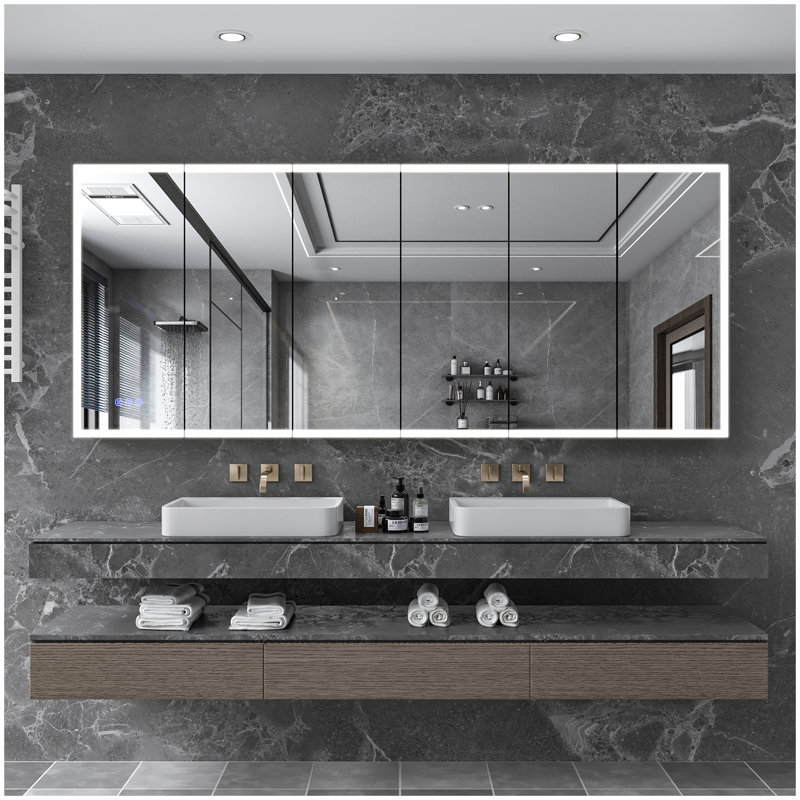LED Lighted Medicine Cabinet with Mirror, 96*40Inches Bathroom Mirror Cabinet with Lights,Recessed or Wall Mounted, 3 Color TemperaturesAnti-Fog