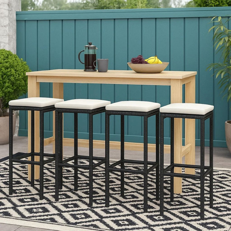 Vian Outdoor Barstool, Poly Rattan, Polyester, 4, Black, Cream White
