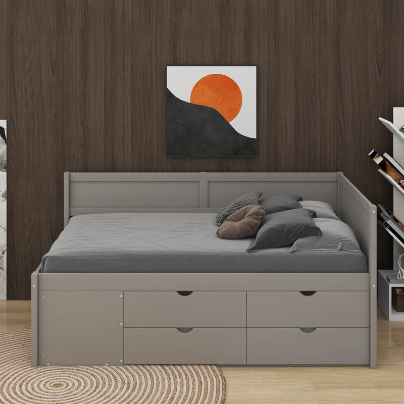 Lit de jour simple avec tiroirs et tablettes, gris, Simple