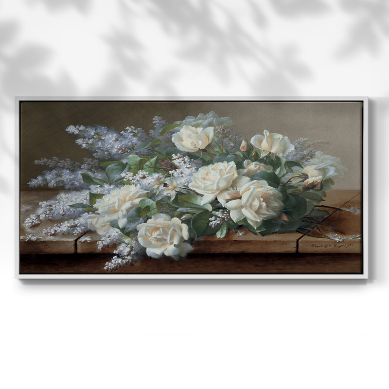 Nature morte à la rose blanche - Toile tendue avec châssis encadré - Prêt à être accroché, H 21 po x l 41 po, Blanc