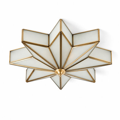 Art Deco Star Flush-Mount Ceiling Light, Brass Frame with Frosted Glass